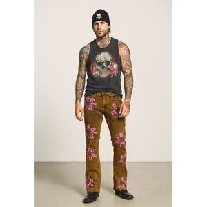 GOLDEN Syndicate Orange Pink Pattern Boot Cut Jeans Pants Trousers Mens Size 34